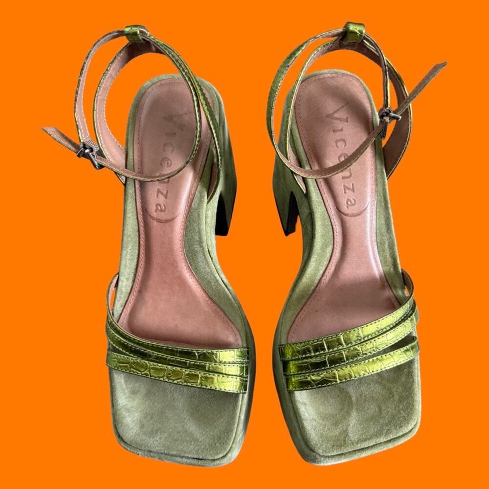 Free People Samara Heels Platform Chunky Ankle Strap Green Size 8 Vicenza - Picture 4 of 7